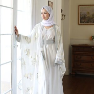 Muslim white 2 piece golden printed abaya dress